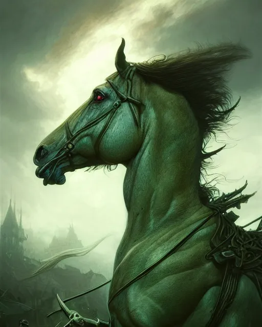 Image similar to concept art by artgerm, pestilence of the four horsemen of the apocalypse, soft green natural light, intricate, horse war, highly detailed dark art, digital painting, artstation, concept art, smooth, sharp focus, illustration, art by greg rutkowski and luis rollo and uang guangjian and gil elvgren, symmetry!