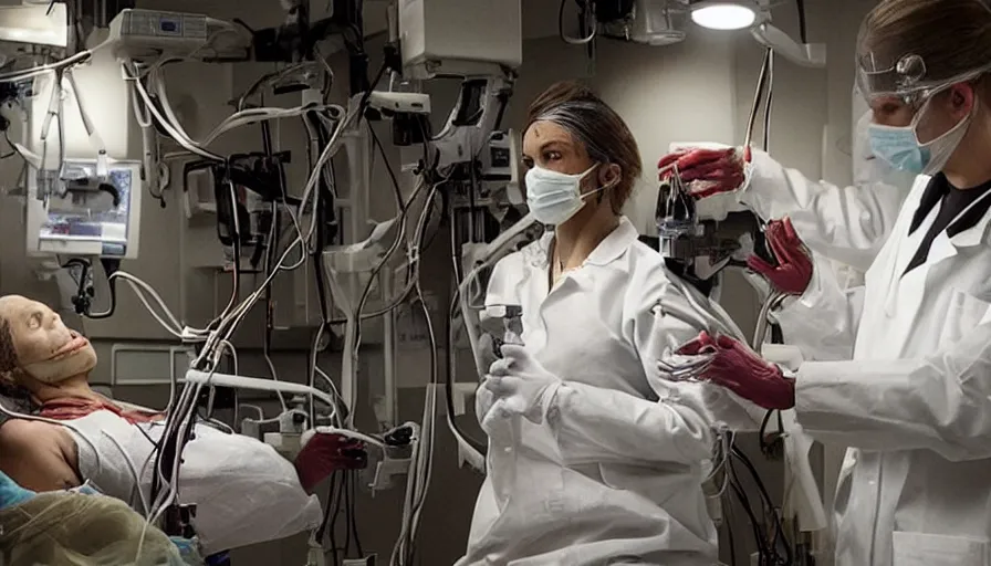 Prompt: big budget horror movie about cyborgs performing illegal organ transplants. This scene is where the beautiful female scientist first finds out about the secret medical labs hidden in the underground levels of the corporation.