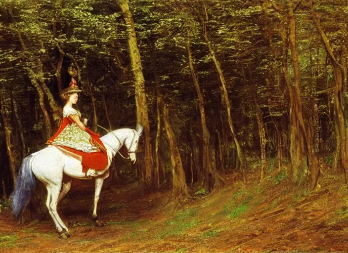 Image similar to a princess with a tall cone hat riding a robotic horse in a forest, oil painting by john everett millais