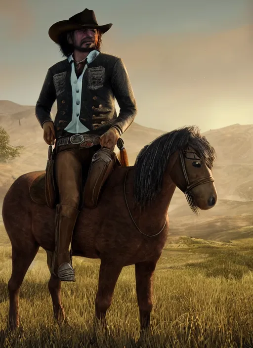 Image similar to a horse dressed as John Marston