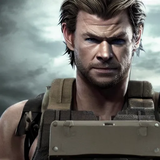 Prompt: Solid Snake portrayed by Chris Hemsworth, HD, photorealistic, cinematic lighting,