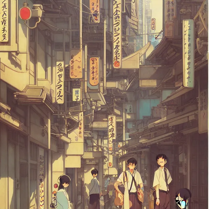 Image similar to japanese big city, summer, in the style of studio ghibli, j. c. leyendecker, greg rutkowski, artem