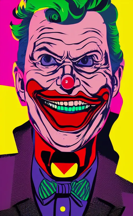 Image similar to individual joker portrait fallout 7 6 retro futurist illustration art by beeple, sticker, colorful, illustration, highly detailed, simple, smooth and clean vector curves, no jagged lines, vector art, smooth andy warhol style