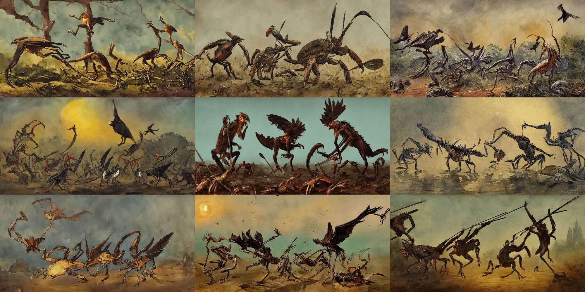 Prompt: battle scene with squabbling long - eared crow - monkeys with pitchforks fighting a giant crab - seagull beast | tonalist, art nouveau, inks, watercolor wash, vibrant colors, pyrrol scarlet, chiaroscuro, grisaille, mud, high contrast, backlighting, dust, golden hour