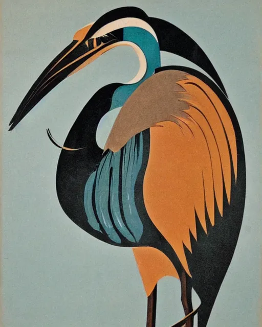 Prompt: vintage art deco hybrid animal poster depicting a heron with cat ears and paws