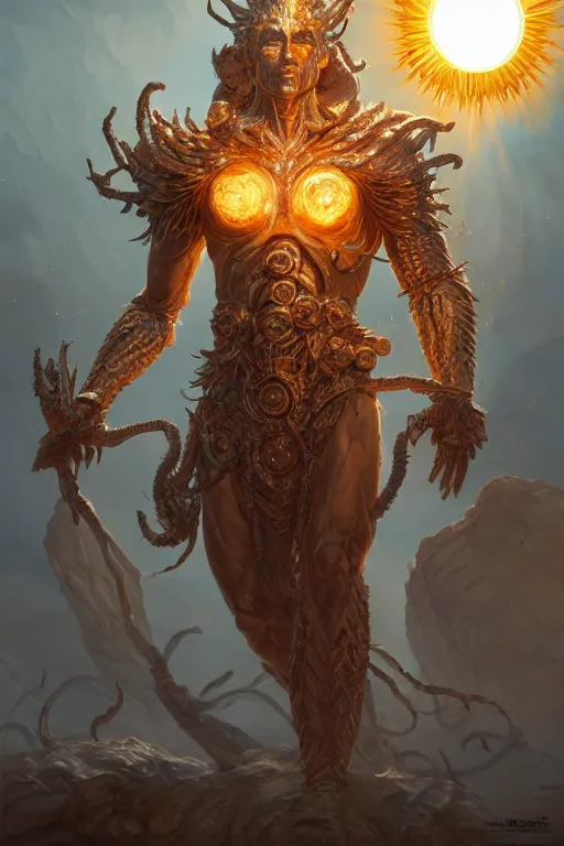 Image similar to humanoid god of the sun, highly detailed, d & d, fantasy, hyper detailed, digital painting, trending on artstation, apollo, concept art, sharp focus, illustration, art by artgerm and magali villeneuve and greg rutkowski and michael whelan, cryengine, 8 k realistic atmospheric lighting, frostbite 3 engine