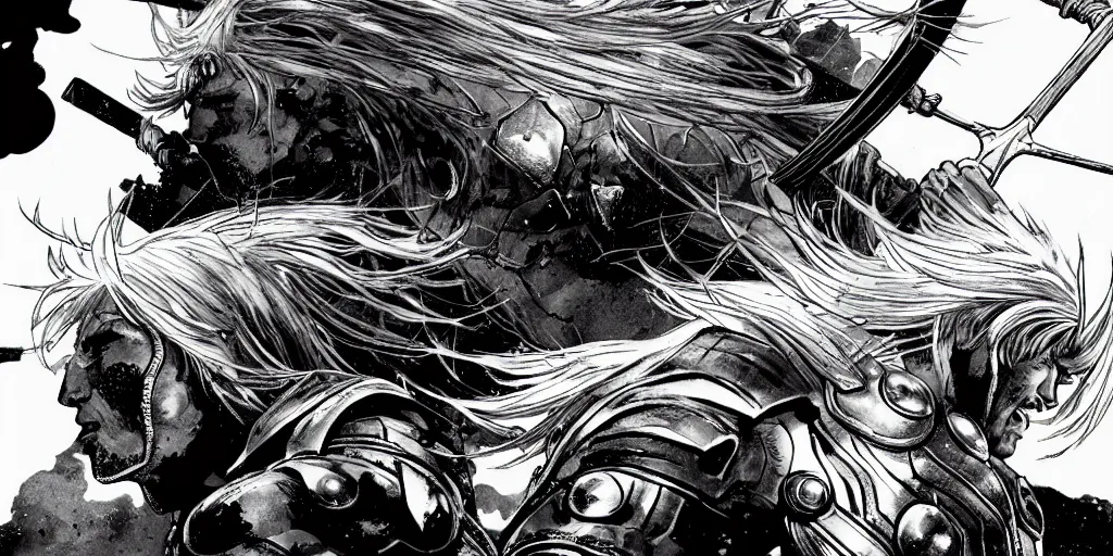 Image similar to thor with blond hair catches lightning and holds an ax in an epic battle with storm clouds with faces monsters by tsutomu nihei, black and white, epic battle background, comic, cinematic