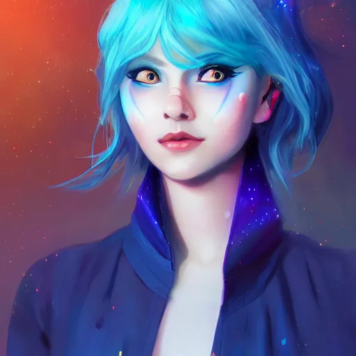 Prompt: a nonbinary changeling with a starry cloak, aurora colored hair, curious expression, character art, full body art, trending on artstation, artgerm, 4k ultra hd, sharp focus, digital art by Ilya Kuvshinov and Ross Tran,