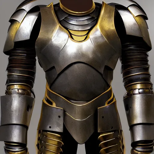 Image similar to Cybernetic spartan armor concept made of steel and leather with golden details and LED lights, concept art, armor