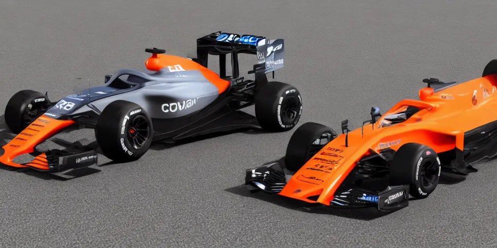 Prompt: McLaren MCL34 F1 car 2021 with Ford Mustang GT 2021 front design. No background, concept art style.