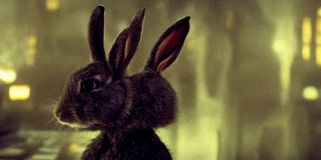 Prompt: a rabbit in the movie bladerunner, screenshot