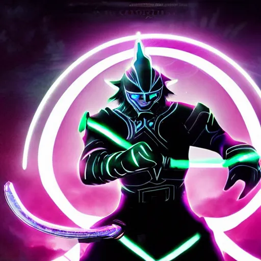 Image similar to Ganondorf in the style of Tron Legacy, wielding a large neon fantasy greatsword, tron legacy city in the background, dark black sky