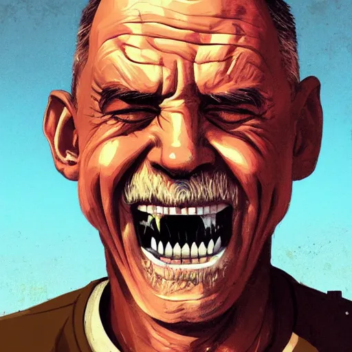 Prompt: old man portrait, grenade in his teeth, flat background, greg rutkowski gta san andreas art