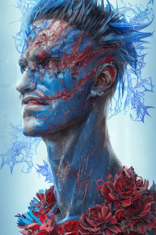 Prompt: portrait of beautiful young man, warhammer, japanic style, cyberpunk, a lot of scars, more and more flowers, blue head, some red water, the middle ages, highly detailed, artstation, illustration, artgerm sylvari portrait, 8 k quality, art by max ernst