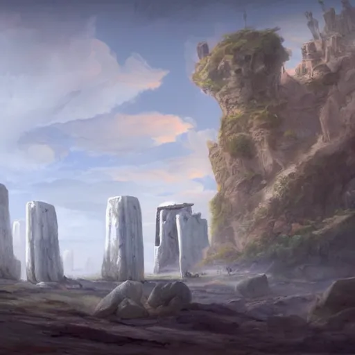 Image similar to concept art by tyler edlin of a small, white marble cliff in a meditereanian landscape, with stone henge on top