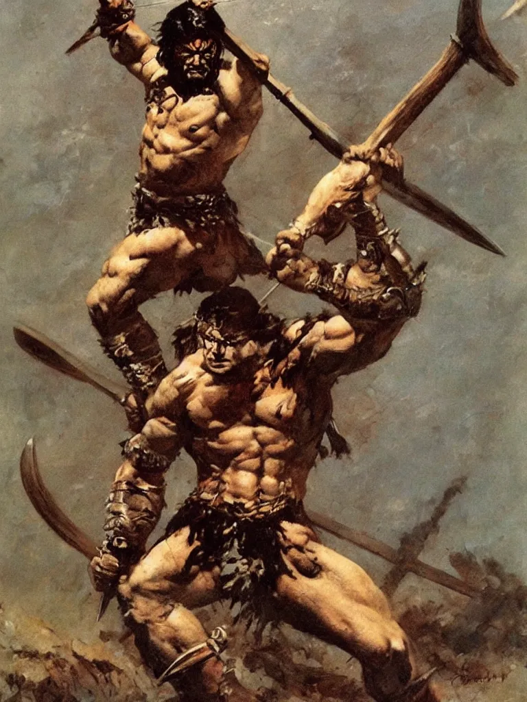 Prompt: a single barbarian warrior raising a spear by frank frazetta