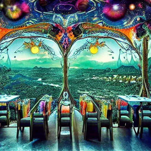 Image similar to The restaurant at the end of the universe, intricate, stunning, colorful, mysterious, ethereal atmosphere, stars