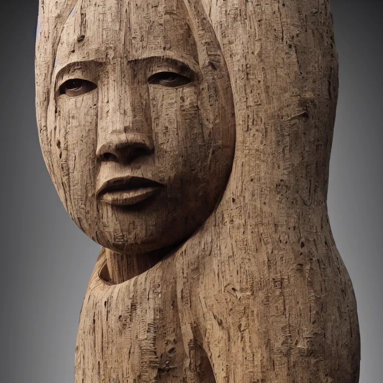 Image similar to public sculpture minimalist portrait of a powerful inuk woman, beautiful symmetrical face accurate face detailed face realistic proportions, carved out of birch wood on a pedestal by stephan balkenhol and martin puryear, hyperrealistic dramatic lighting shocking detail trending on artstation 8 k