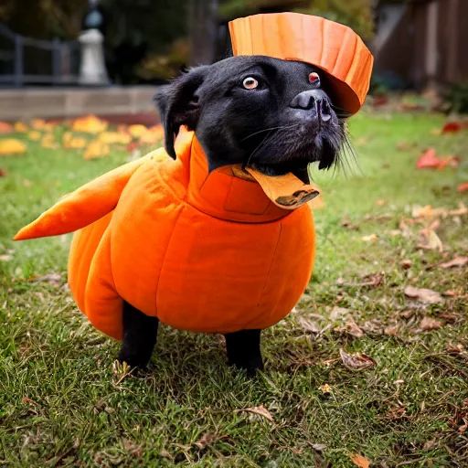 Image similar to dog wearing pumpkin costume, award - winning 4 k photography