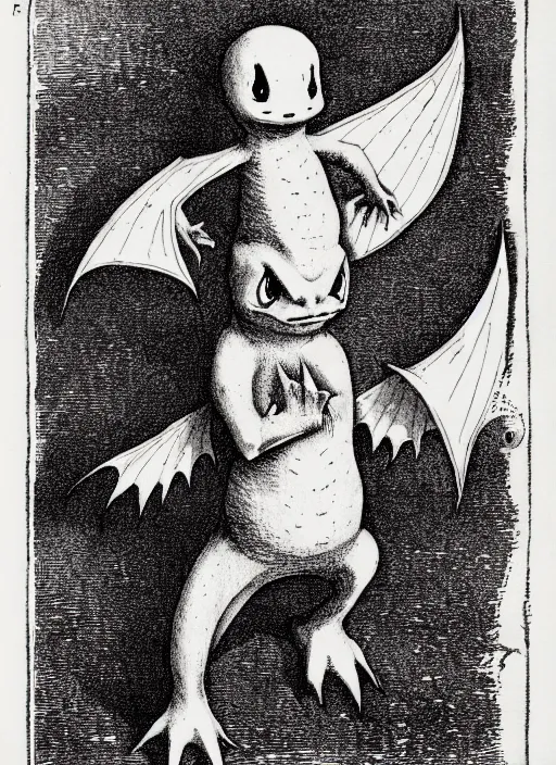 Image similar to charmander, as a demon from the dictionarre infernal, pen - and - ink illustration, etching by louis le breton, 1 8 6 9, 1 2 0 0 dpi scan, ultrasharp detail, hq scan, intricate details, stylized border