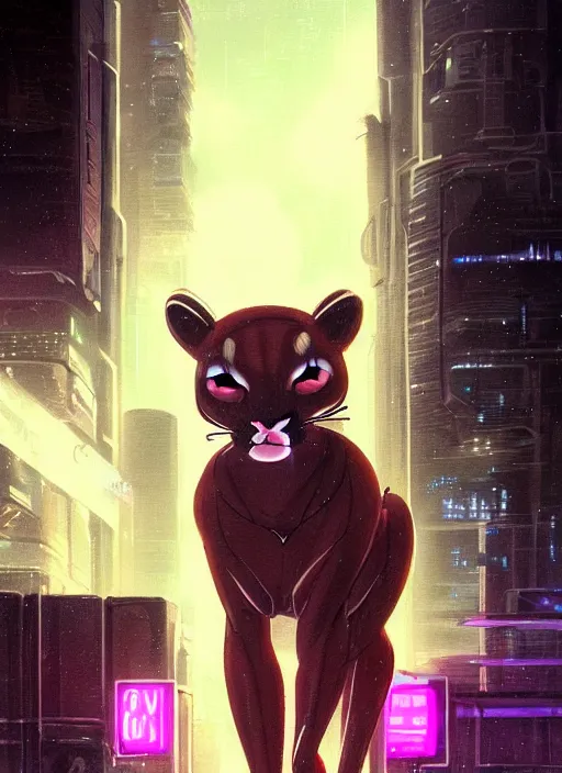 Prompt: beautiful portrait commission of a female furry anthro mountain lion wearing gym clothes. Cyberpunk city at night in the rain. Neon light. Atmospheric. Character design by charlie bowater, ross tran, artgerm, and makoto shinkai, detailed, inked, western comic book art