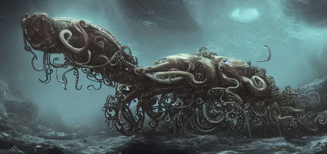 Prompt: muant, biopunk, octopus, squid, marine, hp lovecraft style, scuba diving, dark atmosphere, anglerfish, u - boat mechanism, deep ocean crature, great old ones, detailed, 4 k, artstation