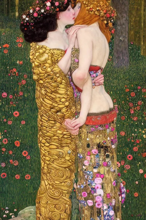 Image similar to two beautiful young elf maidens, fantasy, kiss, highly detailed, artstation, illustration, art by Gustav Klimt