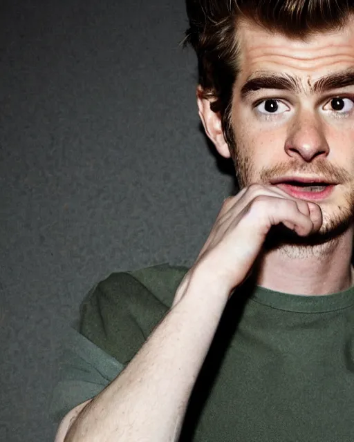 Image similar to a cursed image of andrew garfield in a dark, empty swimming pool, really scary, looking this way.