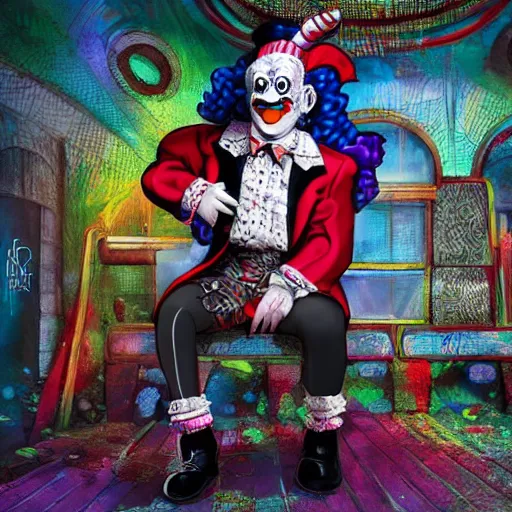Image similar to krusty the clown wearing bizarre clown makeup, and intricate clown costume, sitting on a throne in an abandoned subway, by rossdraws, vivid colors, studio lighting, digital artwork, uhd, best of artstation
