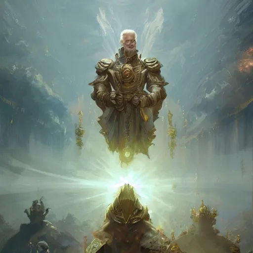 Image similar to god emperor joe biden in the style of craig mullins, greg rutkowski, peter mohrbacher, and drew struzan. epic, majestic, awe inspiring, god rays, fissures, divine, church painting, intricate armor, extreme detail, high octane,