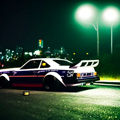 Image similar to a car S30 turbo drift at illegal car meet, Yokohama prefecture, midnight mist lights, cinematic color, photorealistic, highly detailed wheels, highly detailed