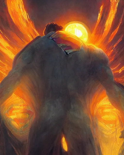 Prompt: superman emerging from the sun, deep focus, highly detailed elegant, orange yellow ethereal, horror, fantasy art by greg rutkowski and magali villeneuve and claude monet