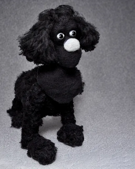 Image similar to a black poodle dog as a muppet. highly detailed felt. hyper real photo. 4 k.