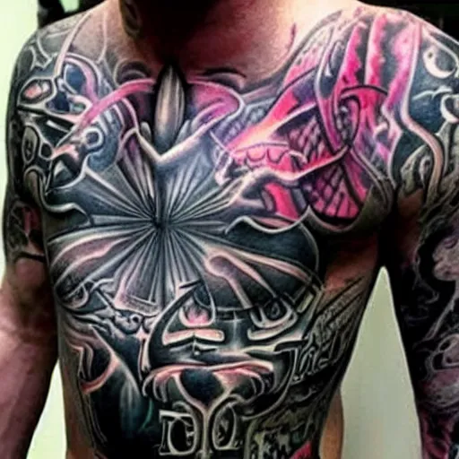 Prompt: devilish dark tattoos on a man's body