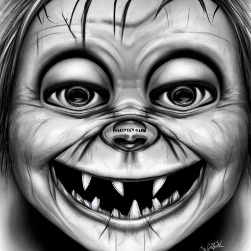 Image similar to surrealism grunge cartoon portrait sketch of chucky with a wide smile, by michael karcz, loony toons style, freddy krueger style, horror theme, detailed, elegant, intricate