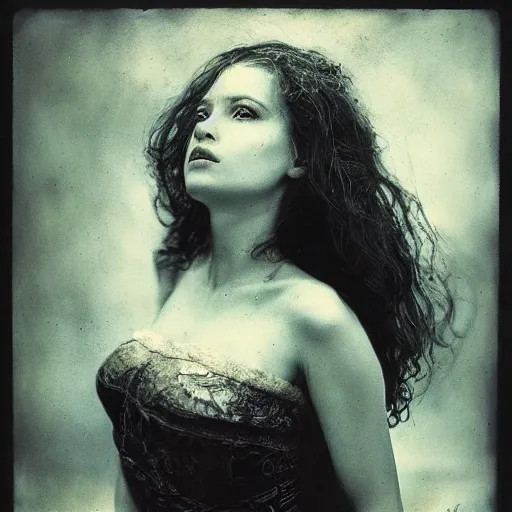 Prompt: old full frame duotone wetplate daguerreotype portrait of a beautiful woman, 3 0 years old, fractal, intricate, elegant, highly detailed, parallax, leica, subsurface scattering, by luis royo and greg rutkowski