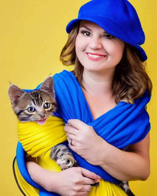 Image similar to banana wearing a cobalt blue vilt hat and wearing a baby sling with a kitten inside, color studio portrait, golden ratio, backlit, happy, detailed eyes