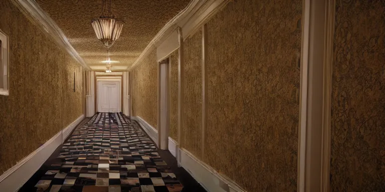 Image similar to photorealistic ultra wide cinematography of danny and wendy torrance from stanley kubrick's 1 9 8 0 film the shining, walking and navigating the overlook hotel's hedge labyrinth shot on 3 5 mm eastman 5 2 4 7 film by the shining cinematographer john alcott shot on a wide kinoptik tegea 9. 8 mm lens. with golden ratio composition