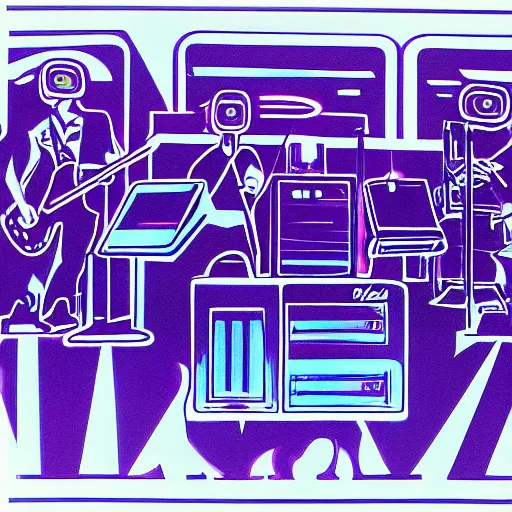 Image similar to electronic band lithograph by lance hidy with blue and purple hues