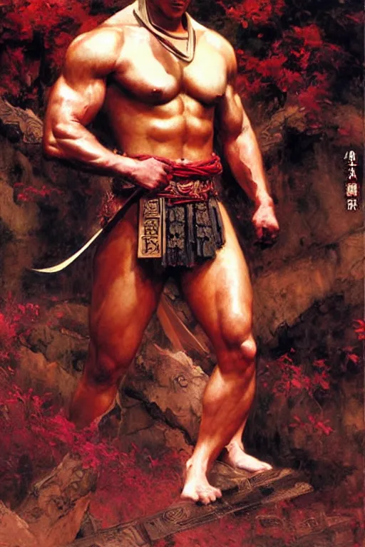 Prompt: wuxia, muscular male, character design, ancient china, colorful, painting by gaston bussiere, craig mullins, j. c. leyendecker, tom of finland