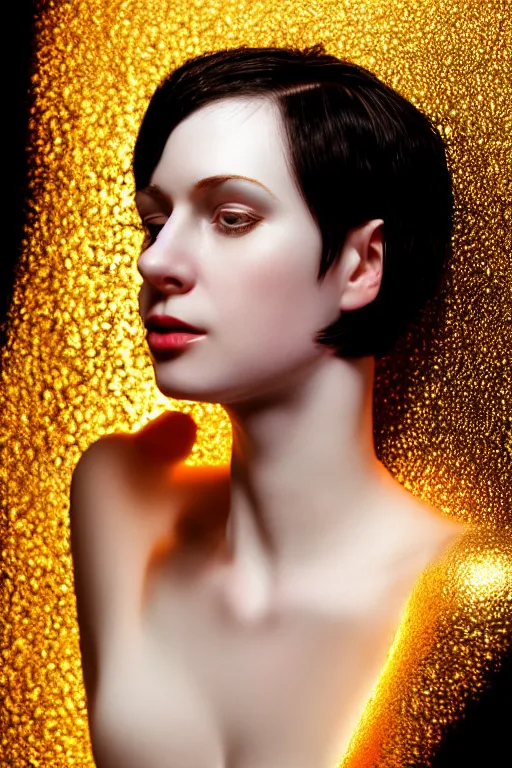 Image similar to Portrait of a beautiful pale skin Nordic female with short black hair, elegant, photorealistic, highly detailed, artstation, smooth, sharp focus, gold ornaments, neon lighting, sci-fi, art by Klimt.