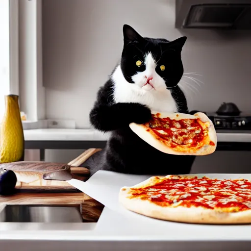 Image similar to ugly black and white exotic shorthair cat making pizza in a modern kitchen, realistic photo,