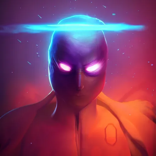 Image similar to ninja surrounded by purple aura, glowing red eyes, full body shot, menacing, stylized, octane render, artstation, digital art, digital painting, devian art