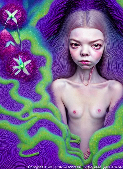 Image similar to hyper detailed 3d render like a Oil painting - kawaii portrait Aurora (a skeksi from dark crystal that looks like Anya Taylor-Joy) seen Eating of the Strangling network of yellowcake aerochrome and milky Fruit and His delicate Hands hold of gossamer polyp blossoms bring iridescent fungal flowers whose spores black the foolish stars by Jacek Yerka, Ilya Kuvshinov, Mariusz Lewandowski, Houdini algorithmic generative render, Abstract brush strokes, Masterpiece, Edward Hopper and James Gilleard, Zdzislaw Beksinski, Mark Ryden, Wolfgang Lettl, hints of Yayoi Kasuma, octane render, 8k