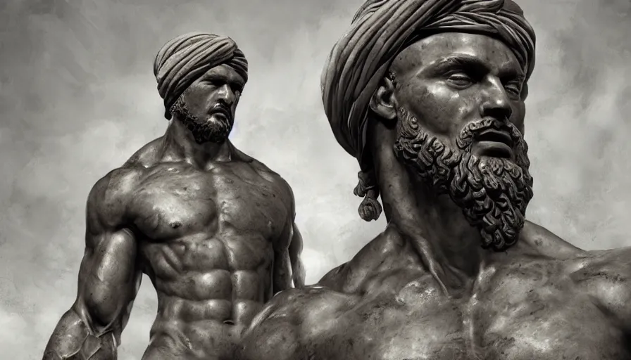 Image similar to roman statue of a muscular man wearing a turban, roman god statue, cinematic shot, oil painting by jama jurabaev, extremely detailed, brush hard, artstation, for aaa game, high quality, brush stroke