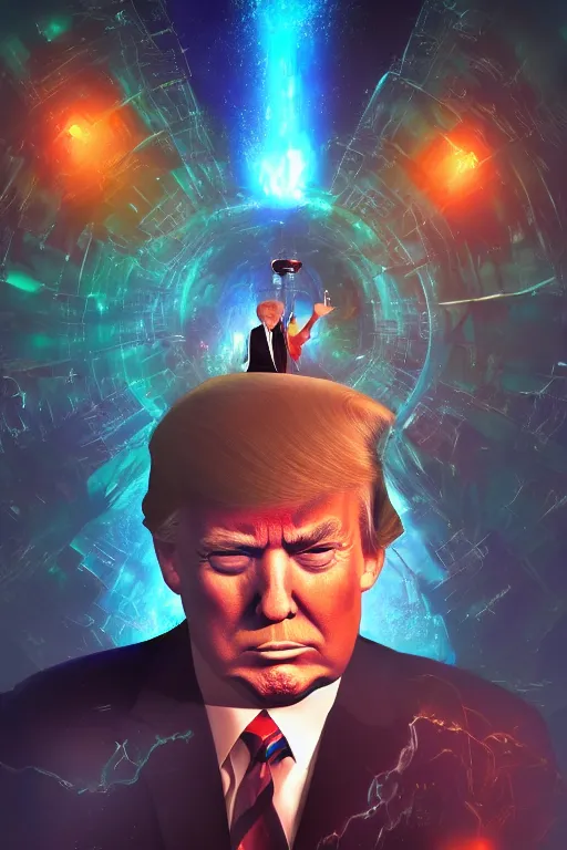 Image similar to portrait of trump drinking ayahuasca in a wormhole, by pablo amaringo, dramatic lighting, concept art, artstation