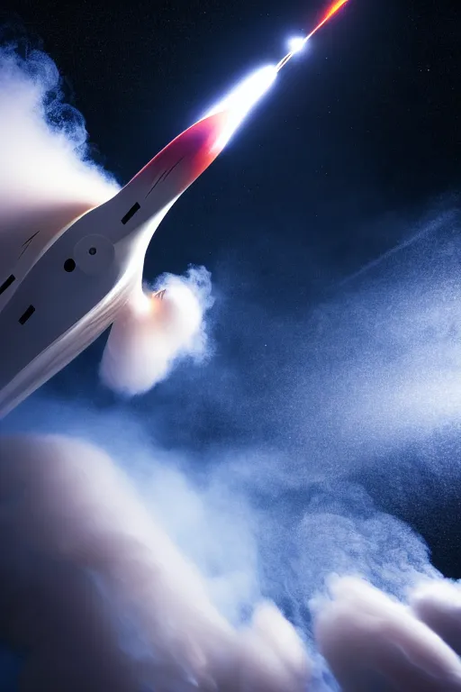 Image similar to hyperdetailed photograph of a futuristic sleek fast rocket launching and leaving huge plumes of smoke, cinematic, volumetric lighting, night