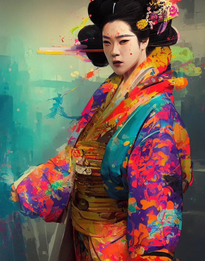 Image similar to a portrait of a geisha wearing a colorful kimono with graffiti tags, volume lighting, concept art, by greg rutkowski!!, colorful, xray melting colors!!