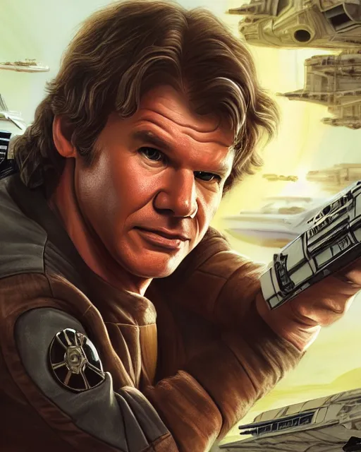 Image similar to portrait of han solo on the millennium falcon, harrison ford,, star wars, gta v, hyper realistic, ambient lighting, concept art, intricate, hyper detailed, smooth, action, volumetric lighting, george lucas, arney fretag, ralph mcquarrie, octane