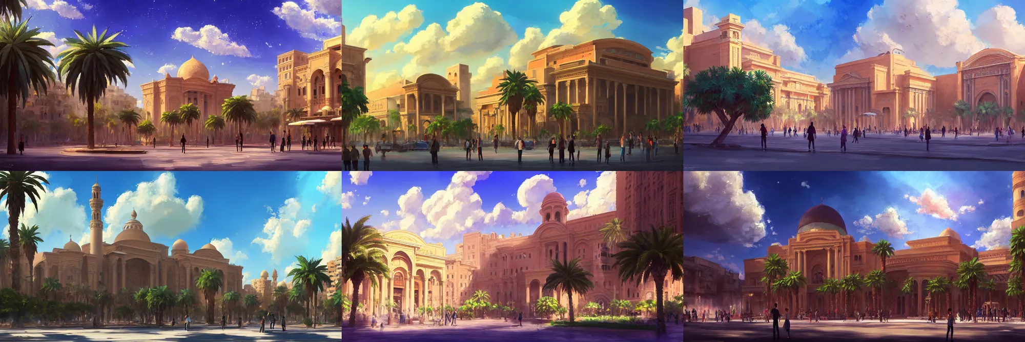 Prompt: a beautiful concept painting in the style of makoto shinkai with a wide shot of the khedival opera house in talaat harb square cairo with beautiful dramatic clouds, dappled lighting, lush landscaping, date palm trees, shrubs and flowers. makoto shinkai, trending on artstation